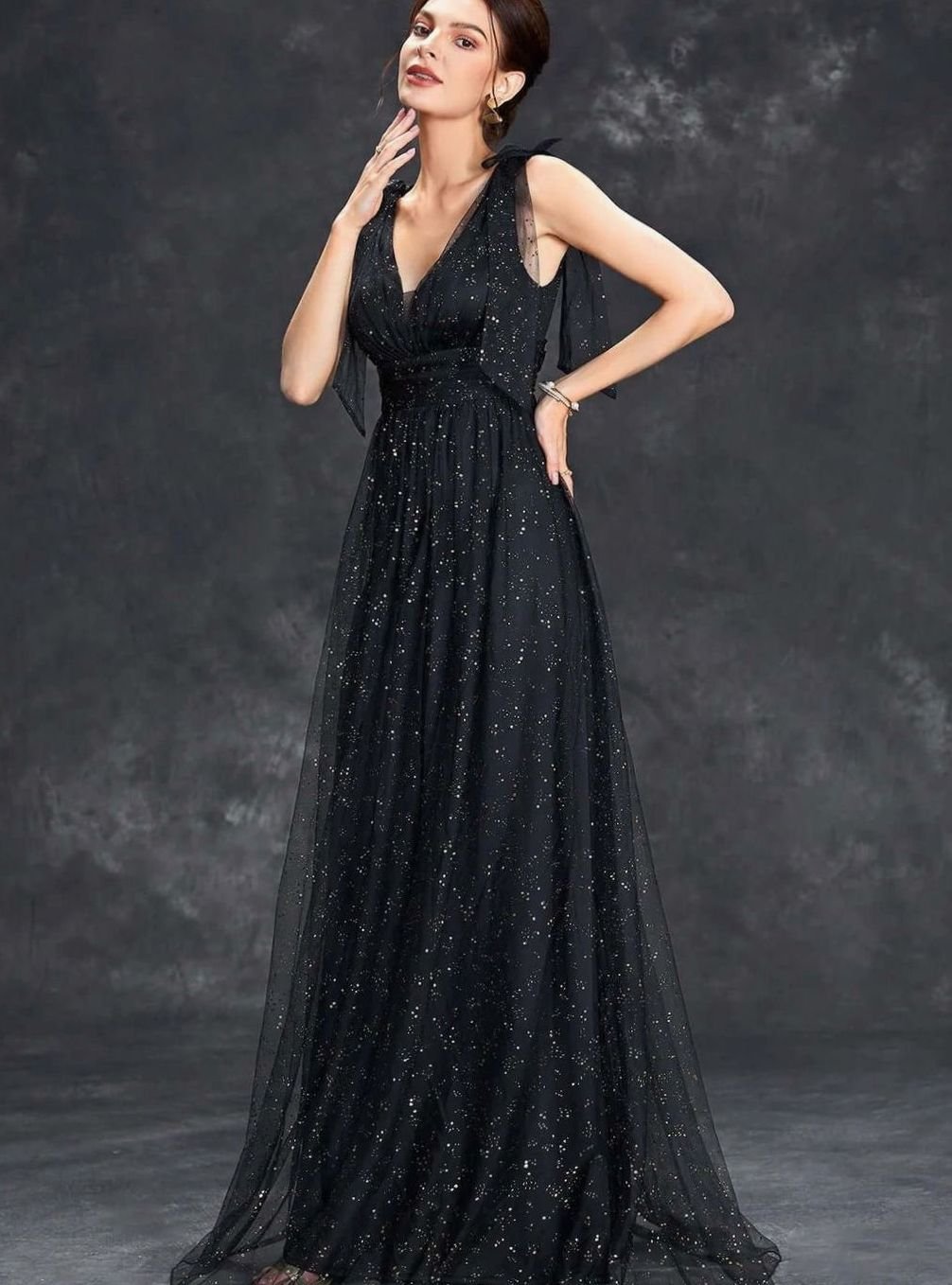 Women's Glitter Sequin V-Neck Sleeveless Floor-Length Formal Gown II - Black