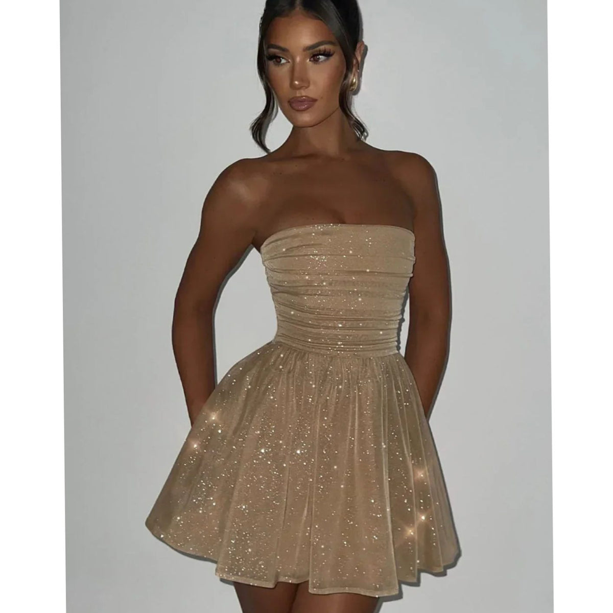 Women's Glitter Strapless A-Line Mini Wedding Guest Dress - Gold