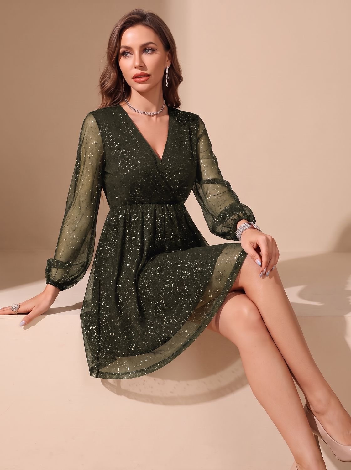 Women's Glitter V-Neck Sheer-Sleeve Cocktail Dress - Olive Green