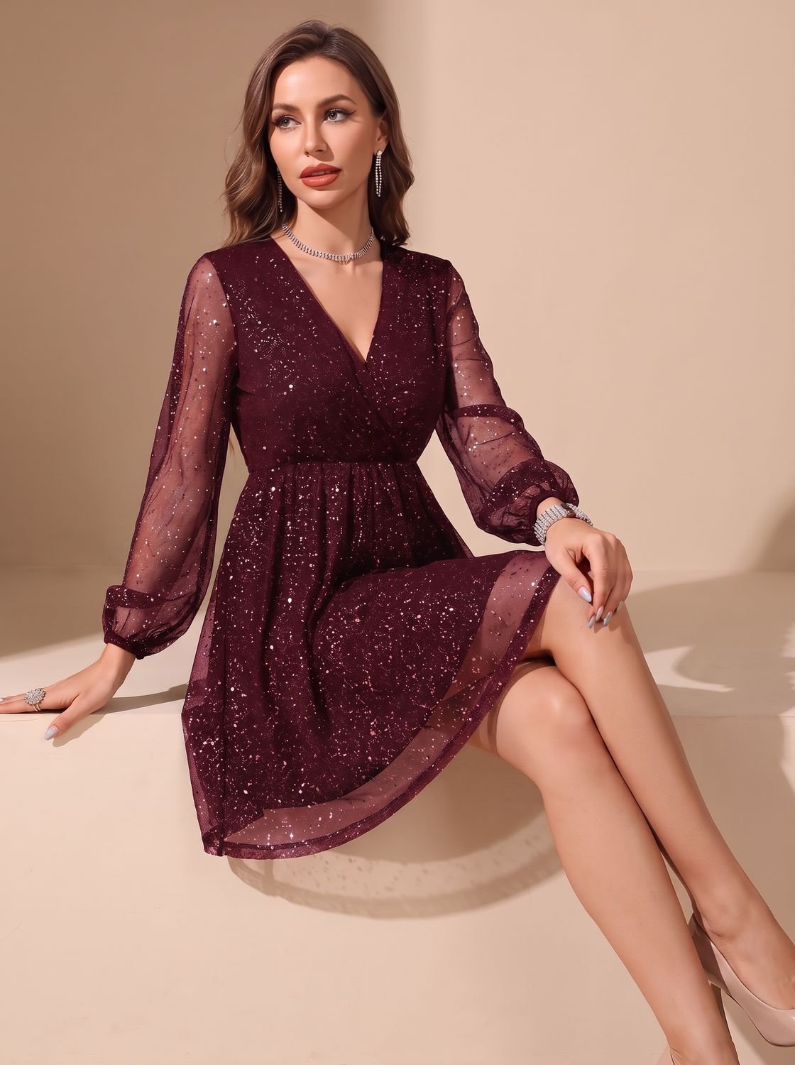 Women's Glitter V-Neck Sheer-Sleeve Cocktail Dress - Wine Red