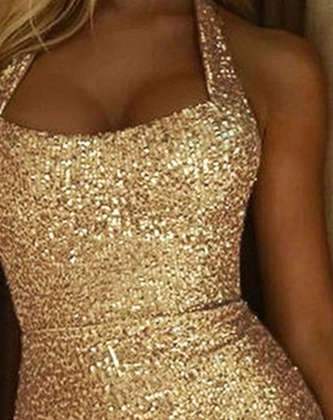 Women's Gold Sequin Halter Neck Maxi Dress with Side Slit