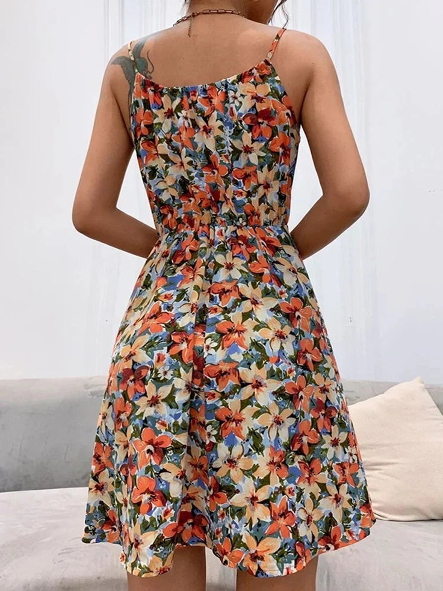 Women's Halter-Neck A-Line Floral Dress Lace-Up Summer Midi