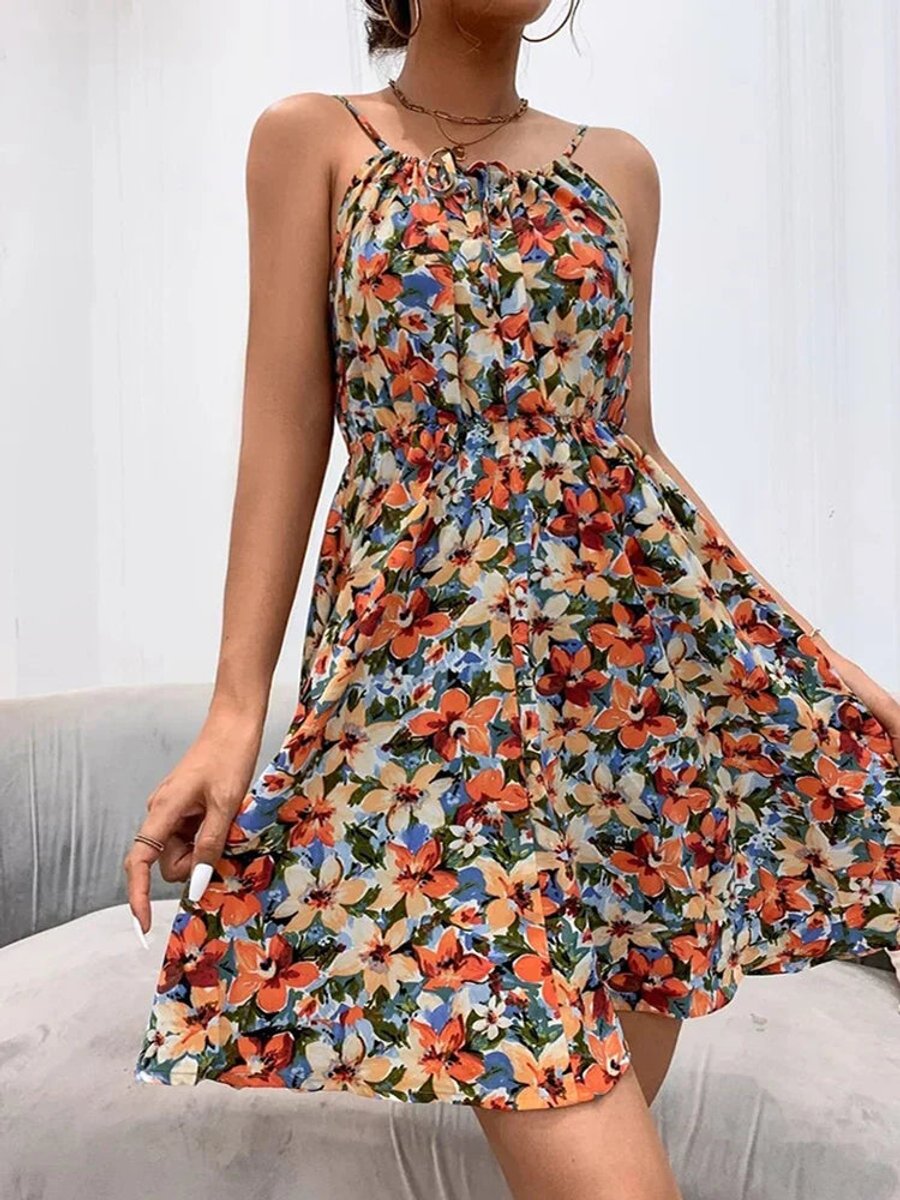 Women's Halter-Neck A-Line Floral Dress Lace-Up Summer Midi - Orange