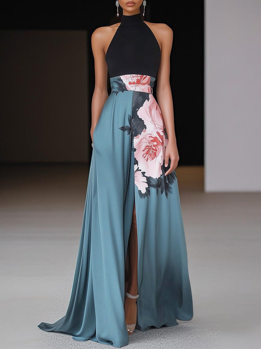 Women's Halter-Neck Floral A-Line Formal & Evening Dress Maxi Slit Gown - Black