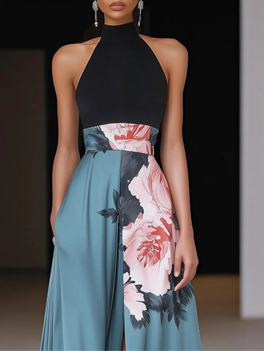 Women's Halter-Neck Floral A-Line Formal & Evening Dress Maxi Slit Gown