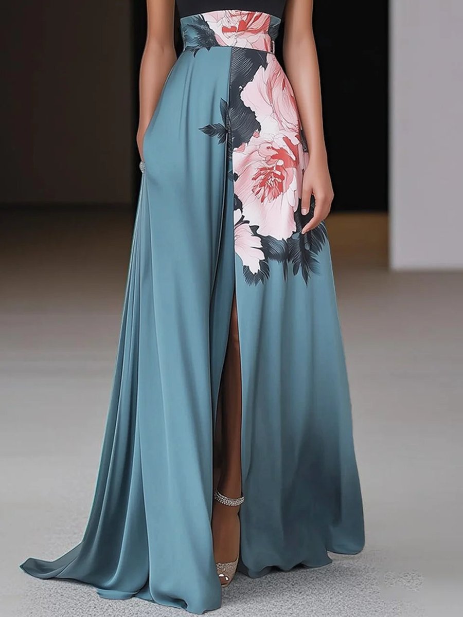 Women's Halter-Neck Floral A-Line Formal & Evening Dress Maxi Slit Gown
