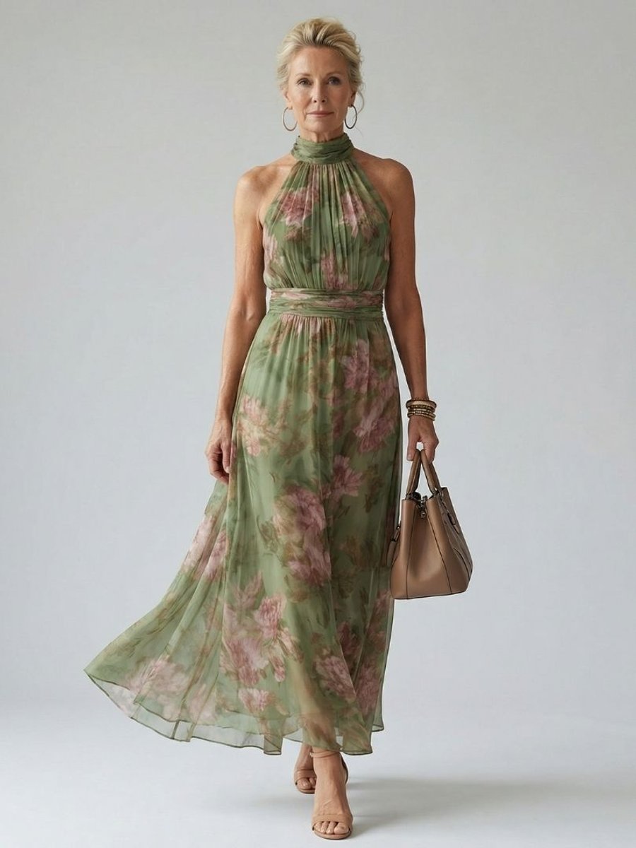 Women's Halter-Neck Gathered Midi Floral Dress - Green