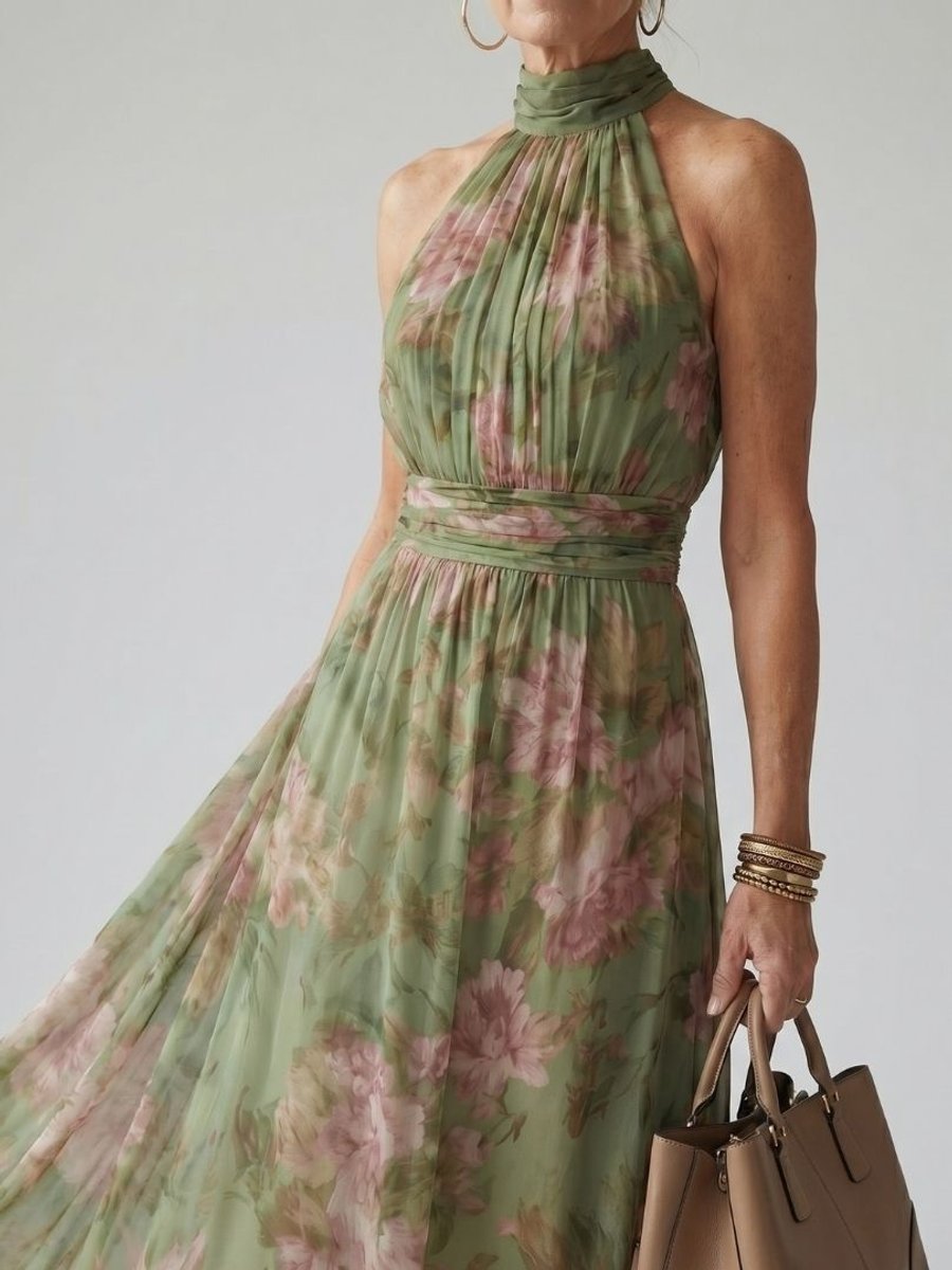 Women's Halter-Neck Gathered Midi Floral Dress
