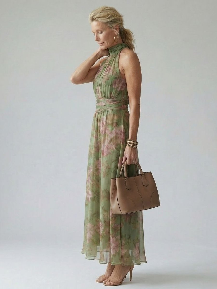Women's Halter-Neck Gathered Midi Floral Dress