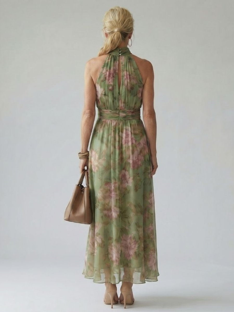 Women's Halter-Neck Gathered Midi Floral Dress