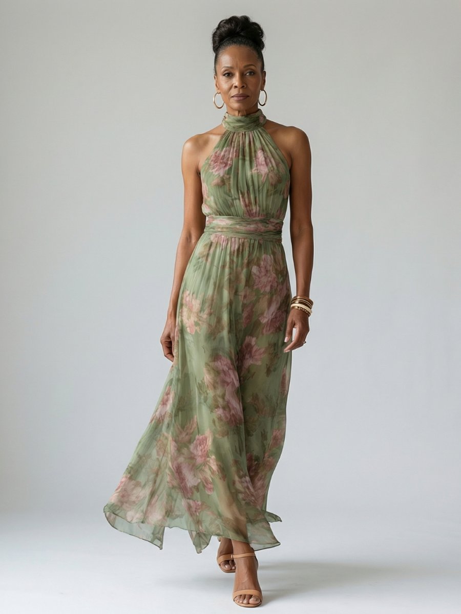 Women's Halter-Neck Gathered Midi Floral Dress