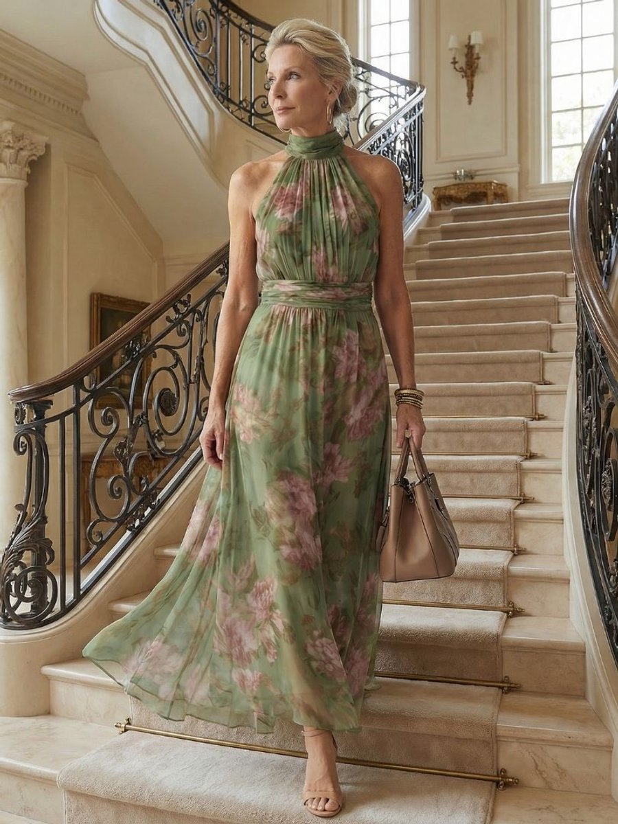 Women's Halter-Neck Gathered Midi Floral Dress