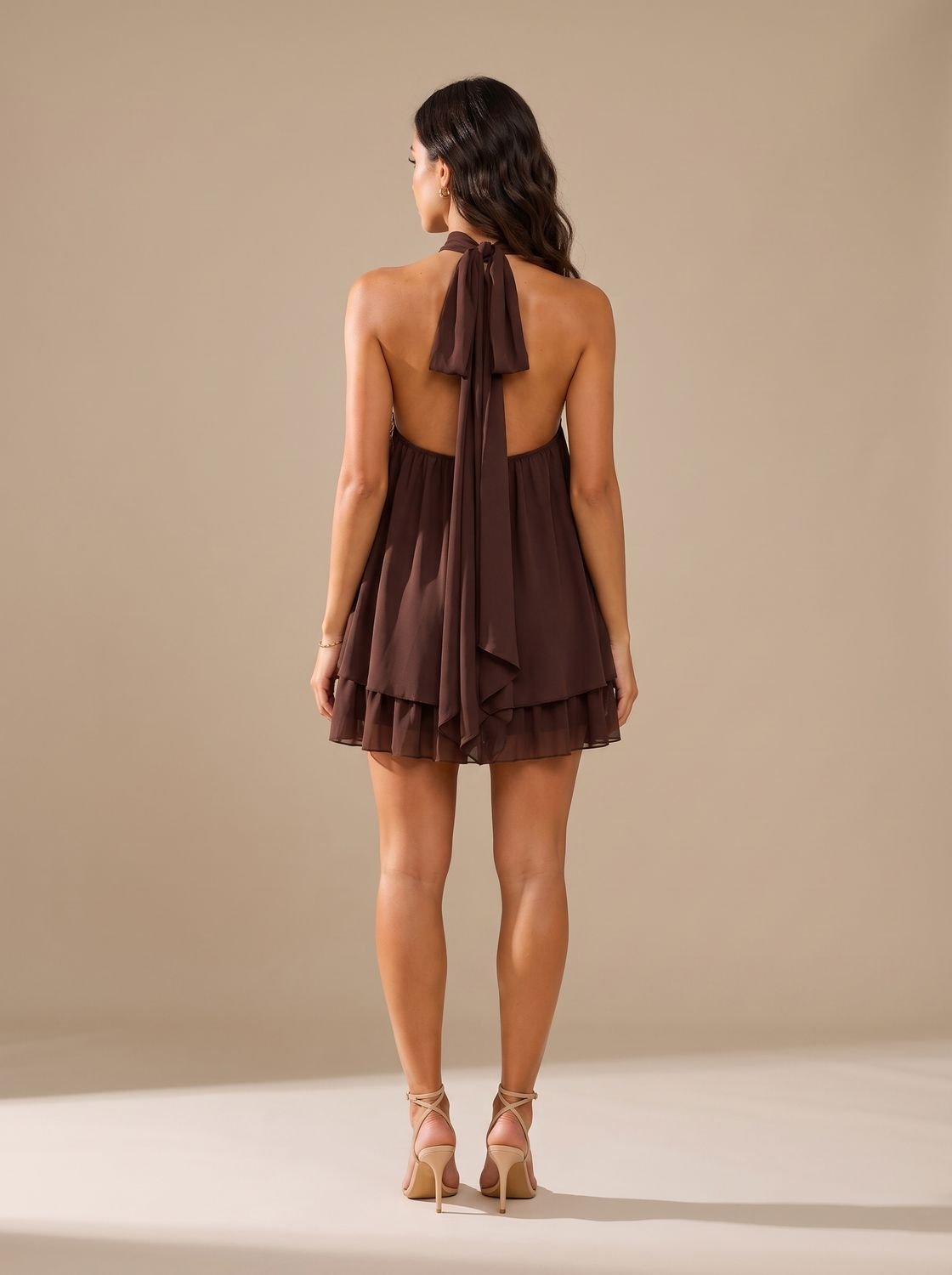 Women's Halter Neck Layered Pleated Mini Dress