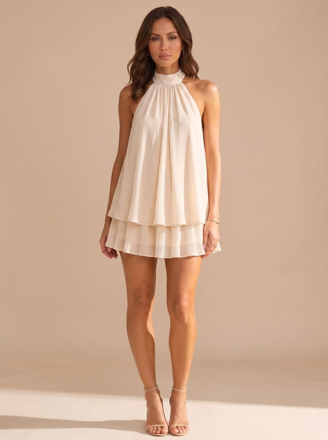 Women's Halter Neck Layered Pleated Mini Dress - Beige