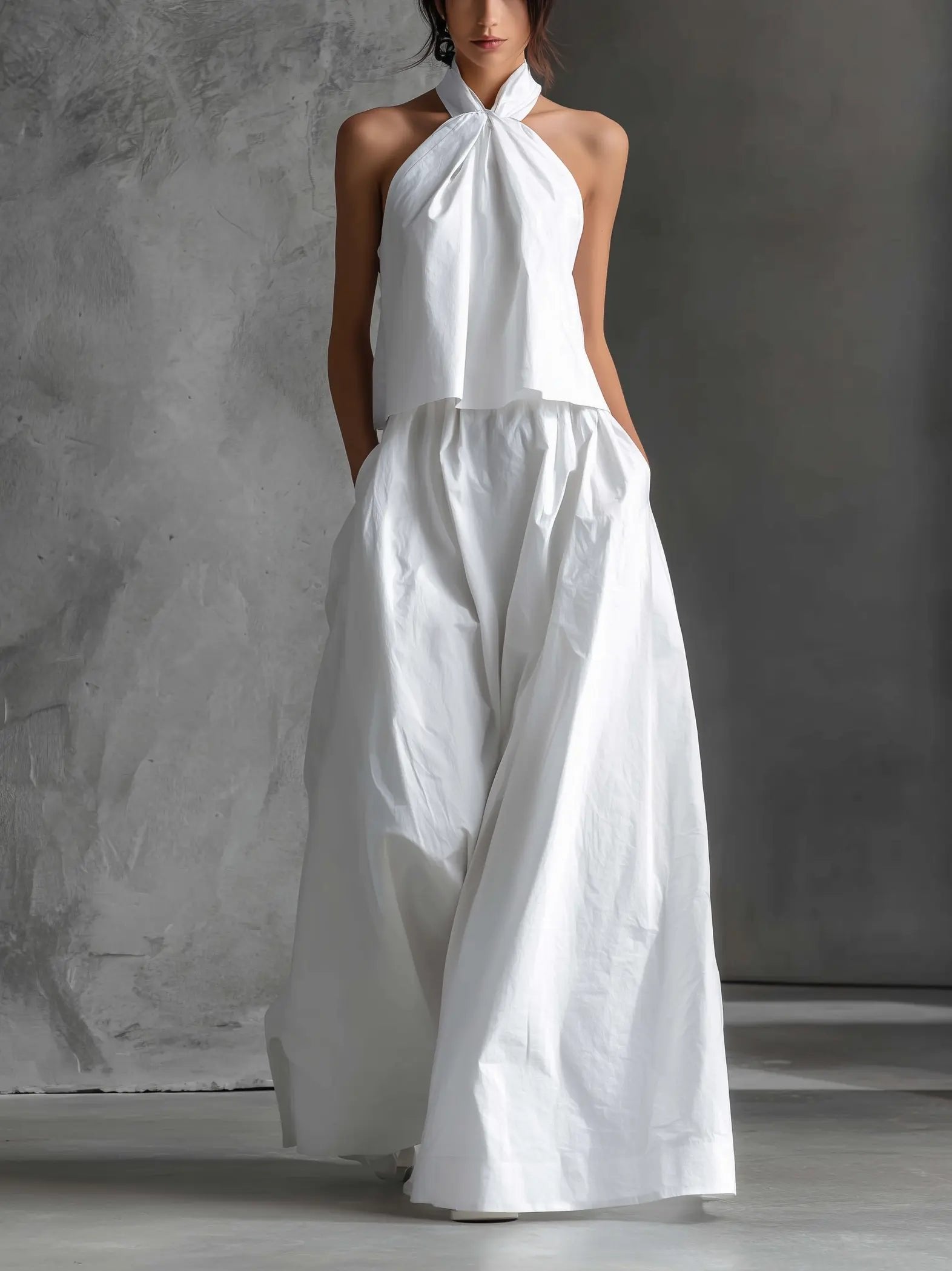 Women's Halter-Neck Linen Two-Piece Maxi Skirt Set - White