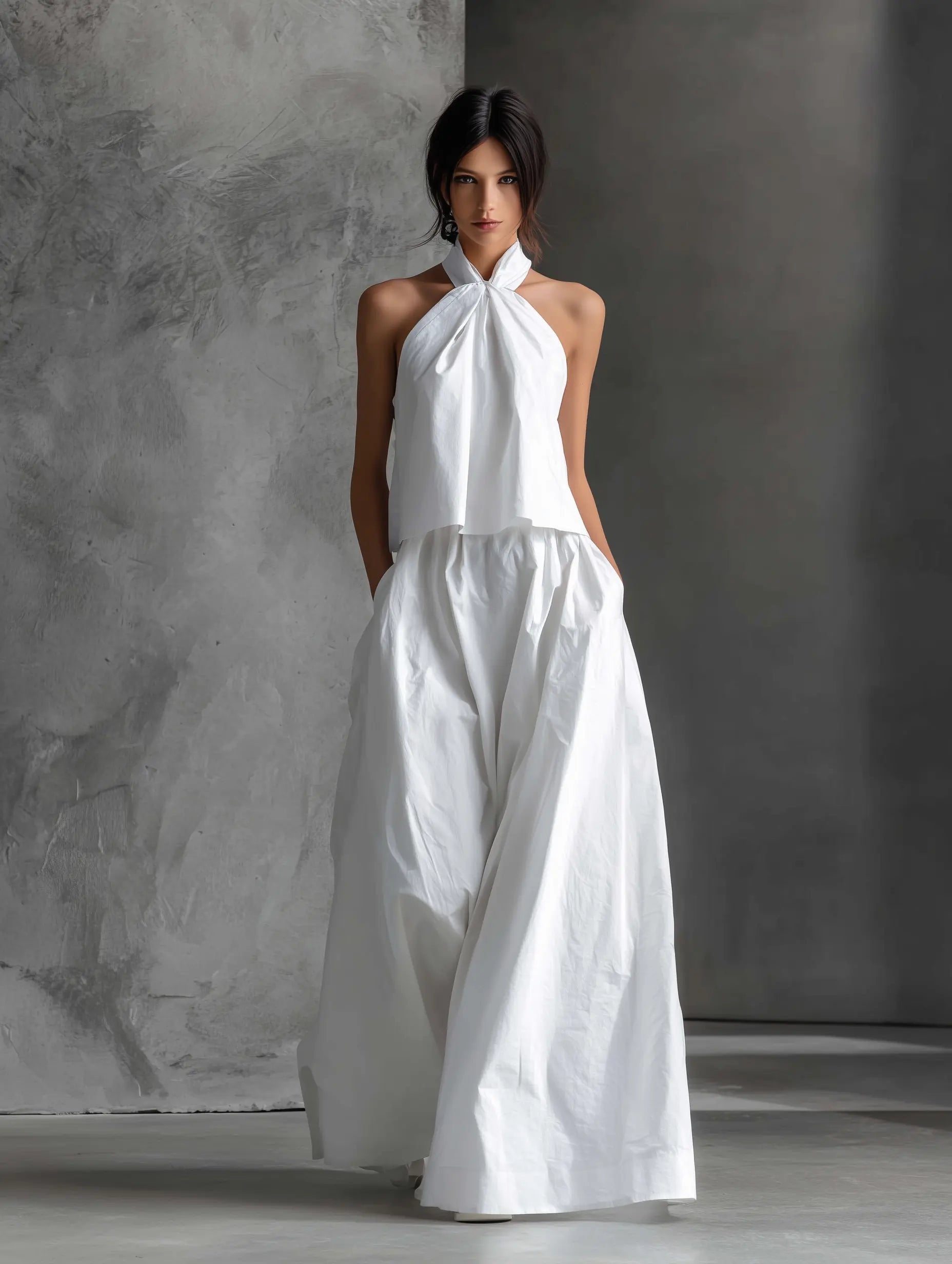 Women's Halter-Neck Linen Two-Piece Maxi Skirt Set