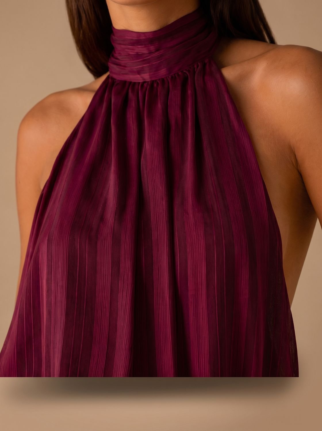 Women's Halter-Neck Pleated Blouson Mini Dress Ruffled Drop Waist