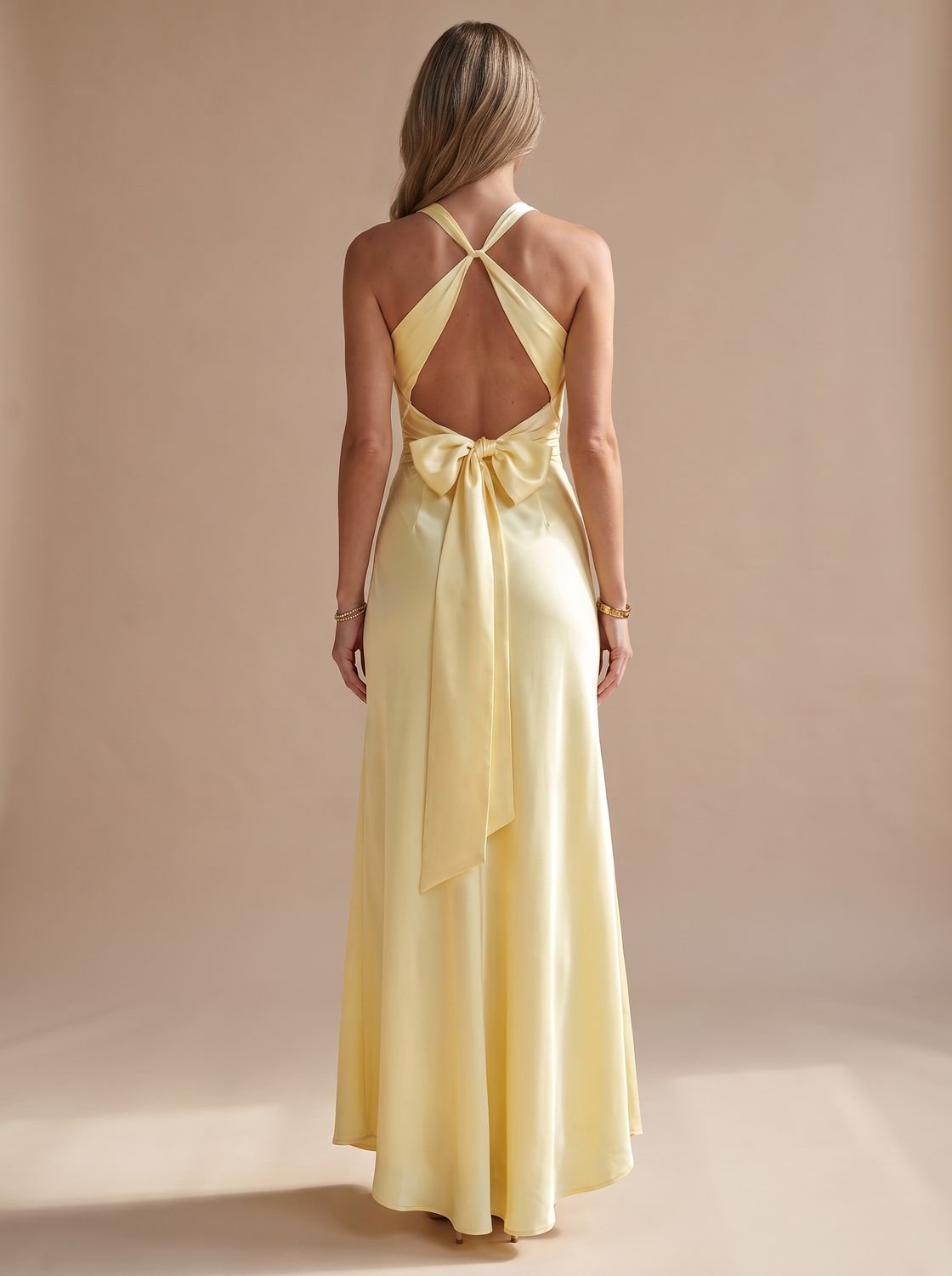 Women's Halter Neck Ruched Satin Backless Maxi Dress