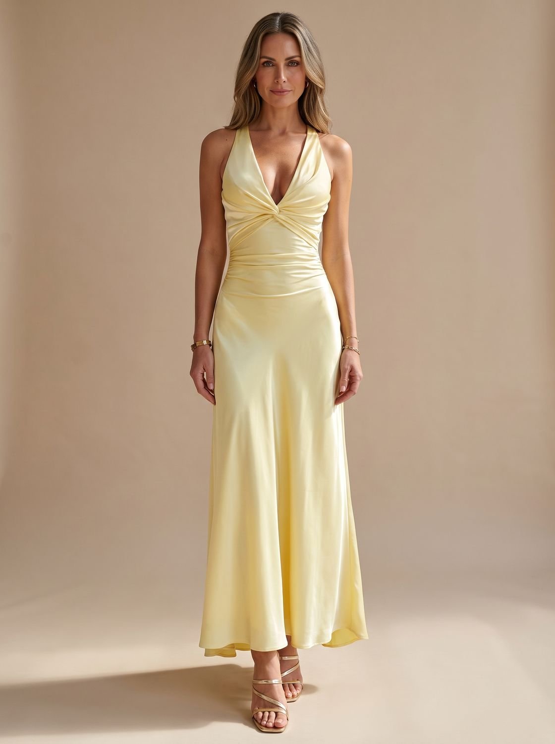 Women's Halter Neck Ruched Satin Backless Maxi Dress