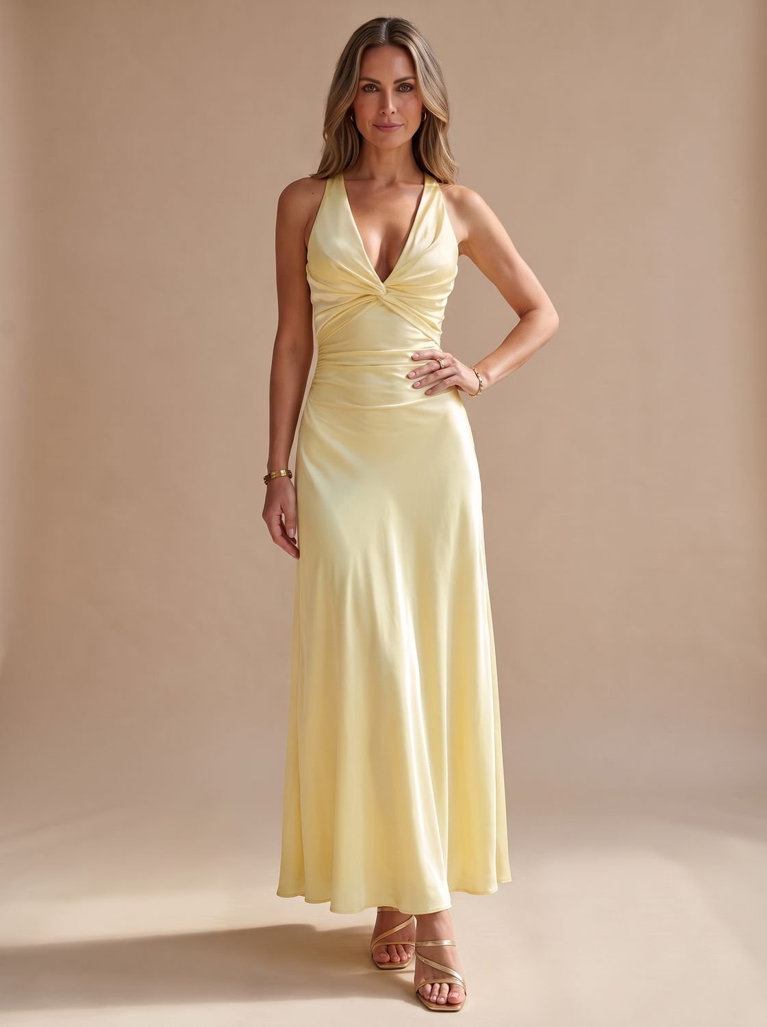 Women's Halter Neck Ruched Satin Backless Maxi Dress