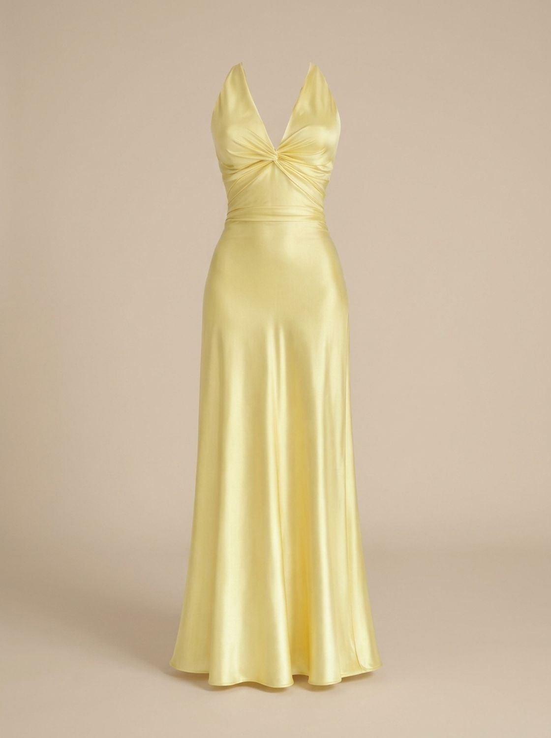 Women's Halter Neck Ruched Satin Backless Maxi Dress - Yellow