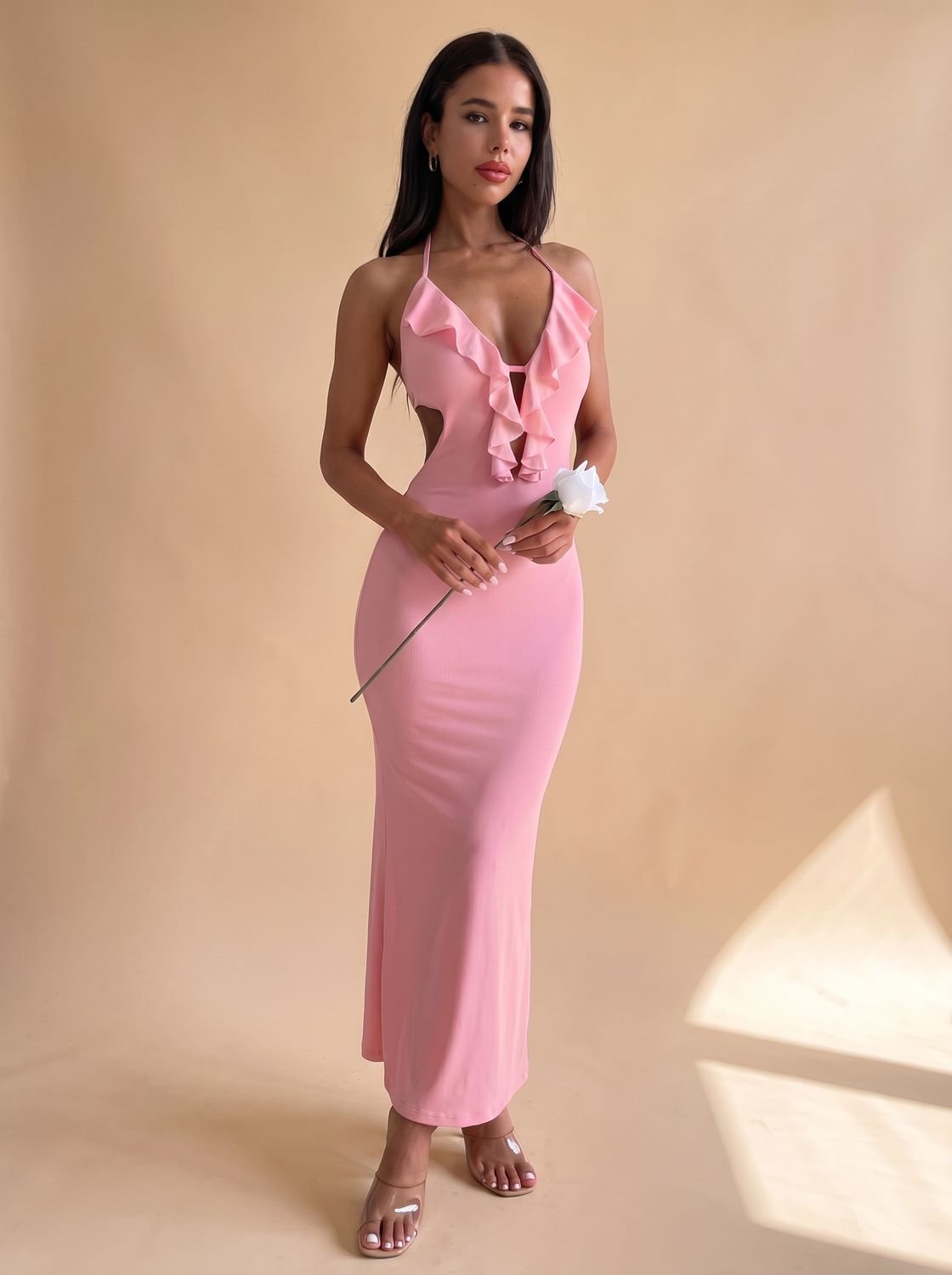 Women's Halter-Neck Ruffle Bodycon Maxi Dress - Pink