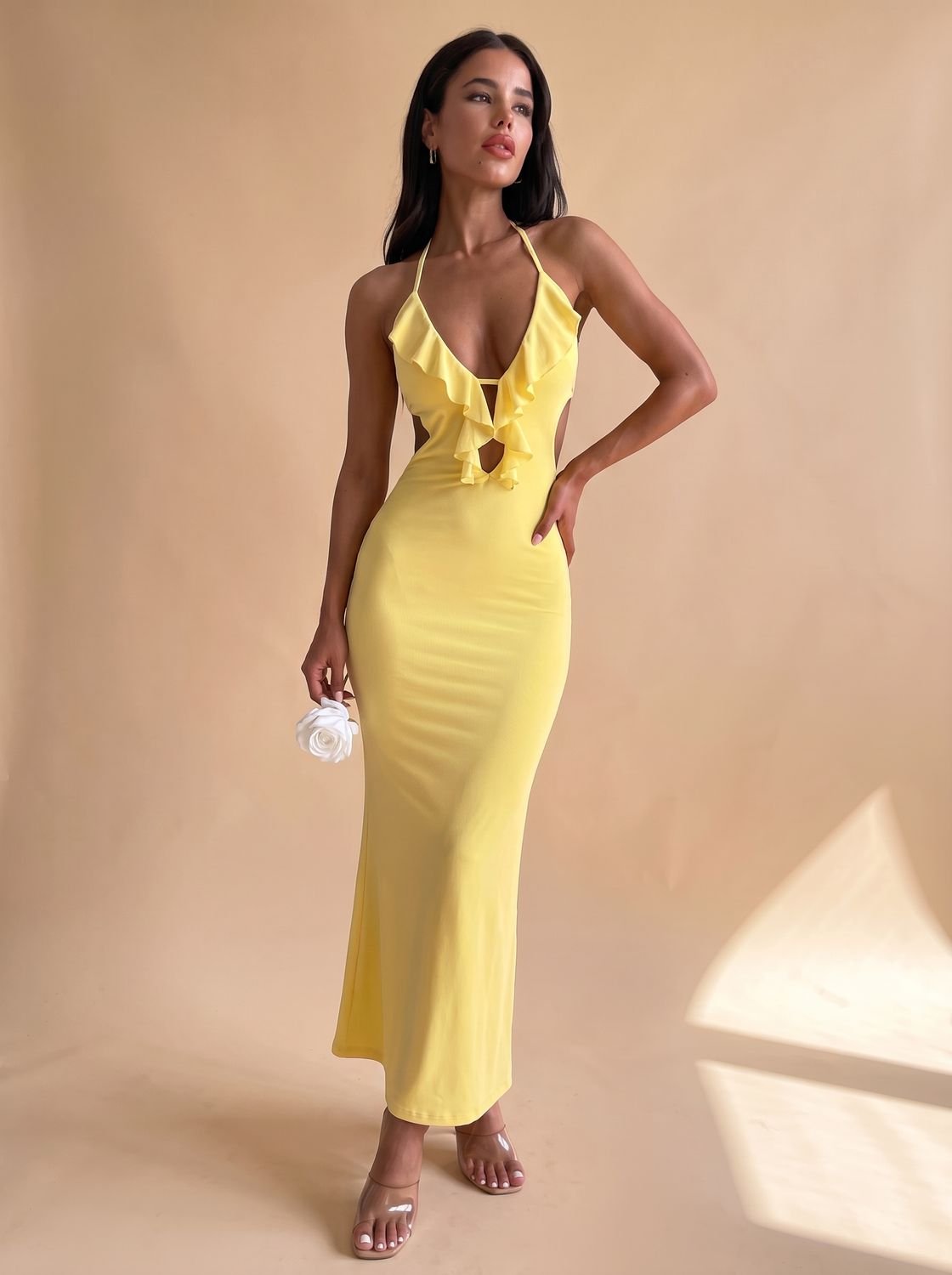 Women's Halter-Neck Ruffle Bodycon Maxi Dress - Yellow