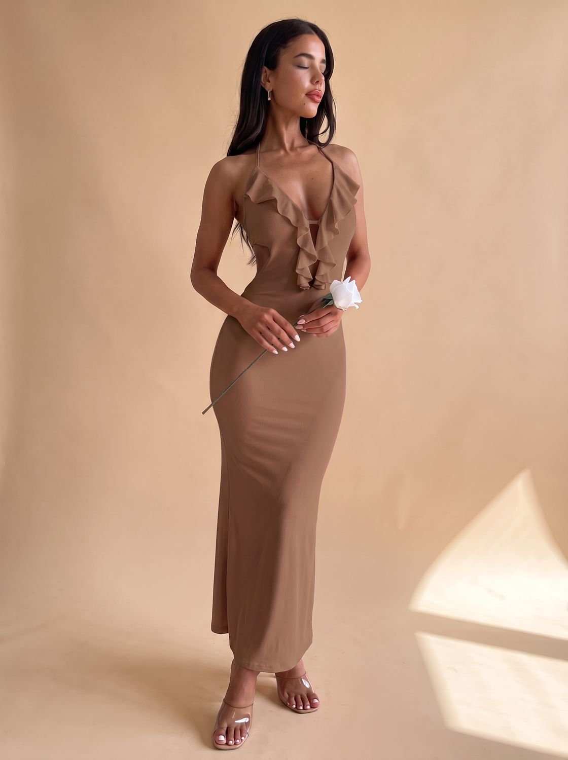 Women's Halter-Neck Ruffle Bodycon Maxi Dress - Brown