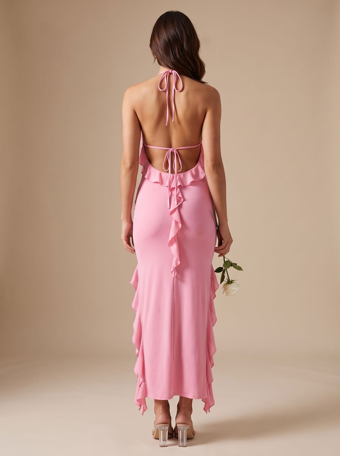 Women's Halter-Neck Ruffle Bodycon Maxi Dress
