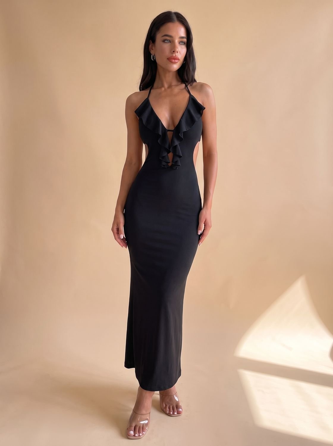 Women's Halter-Neck Ruffle Bodycon Maxi Dress