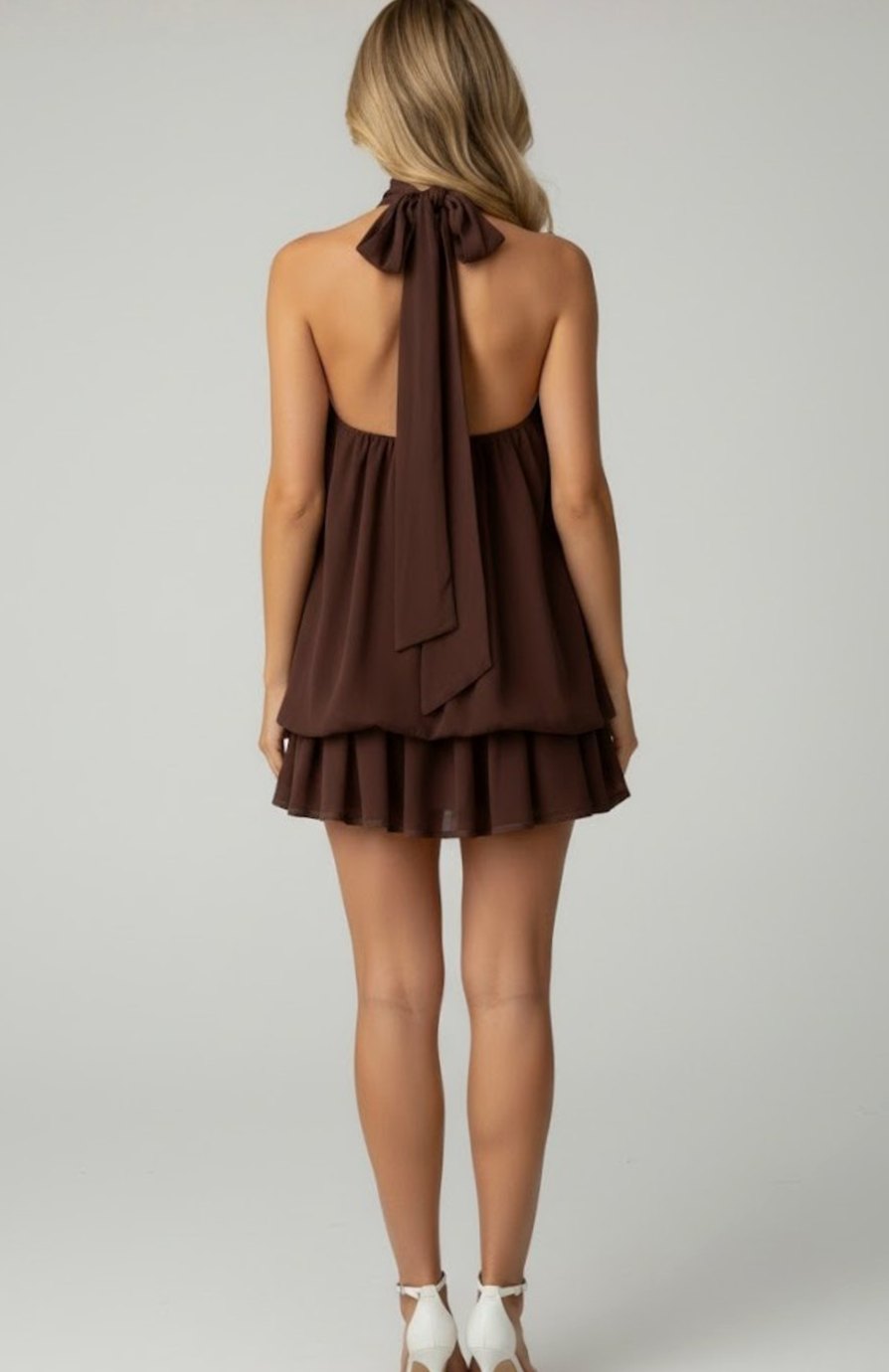 Women's Halter-Neck Tiered Ruffle Chiffon Mini Dress