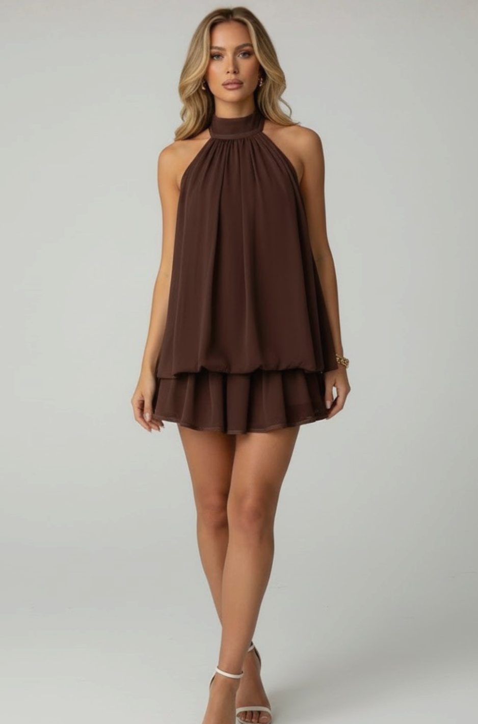 Women's Halter-Neck Tiered Ruffle Chiffon Mini Dress