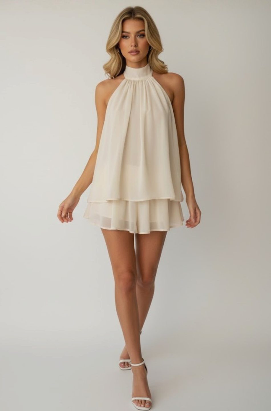 Women's Halter-Neck Tiered Ruffle Chiffon Mini Dress
