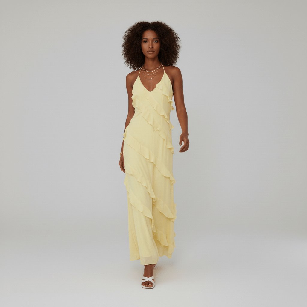 Women's Halter Neck V-Neck Ruffle Maxi Dress