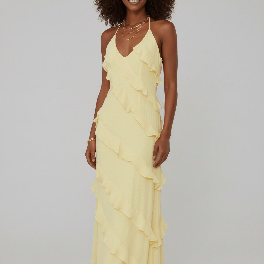 Women's Halter Neck V-Neck Ruffle Maxi Dress - Soft Yellow