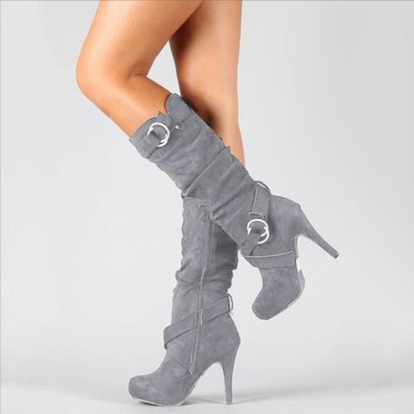 Women's High-Heel Suede-Look Knee-High Buckle Boots - Grey