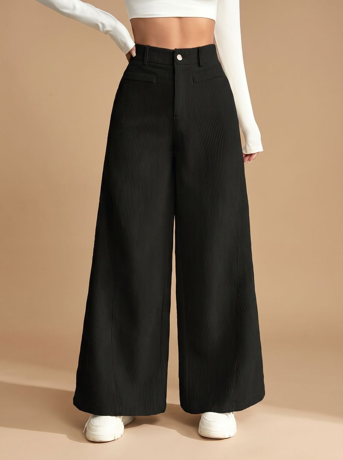 Women's High-Waist Corduroy Wide-Leg Tailored Pants - Black