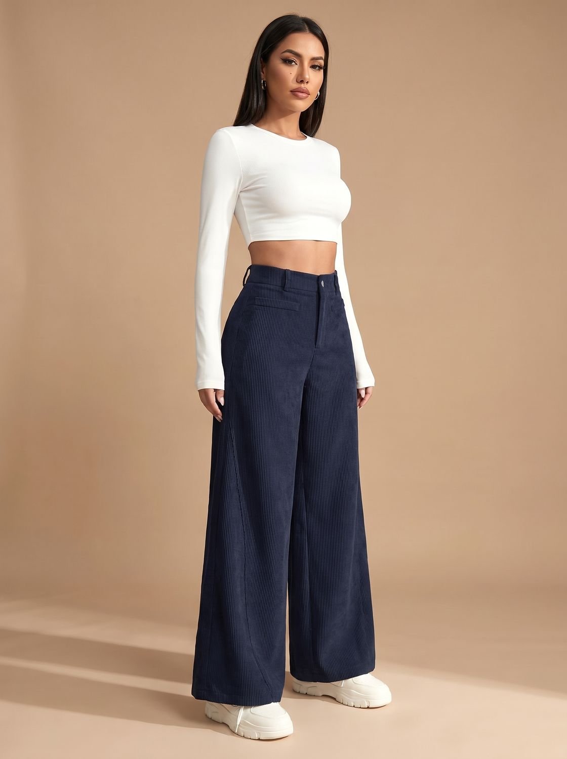 Women's High-Waist Corduroy Wide-Leg Tailored Pants - Navy Blue