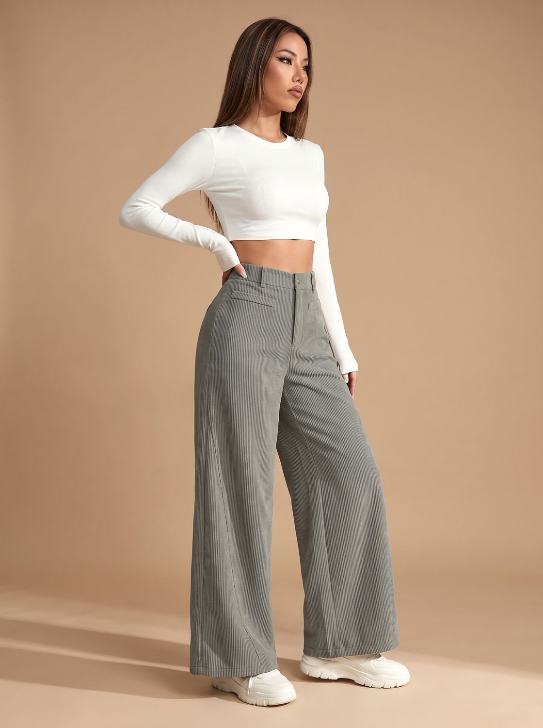 Women's High-Waist Corduroy Wide-Leg Tailored Pants - Gray