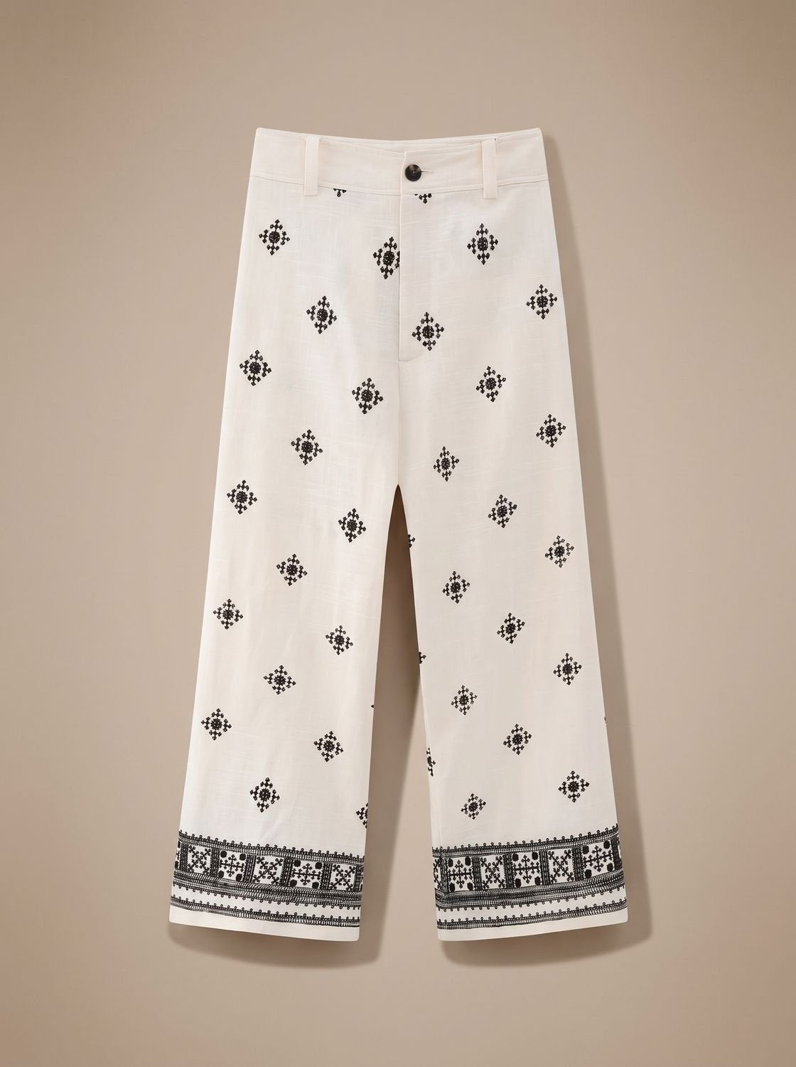 Women's High-Waist Embroidered Wide Leg Trouser Pants - White