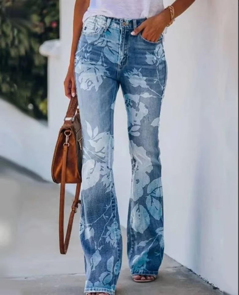 Women's High-Waist Floral-Embellished Linen-Look Flare Jeans - Blue 5