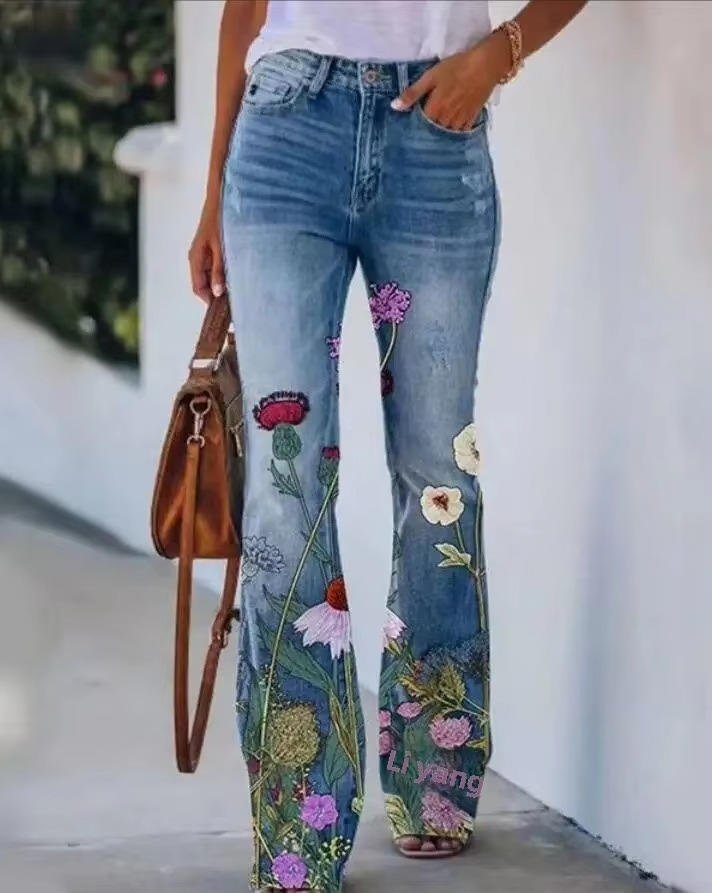 Women's High-Waist Floral-Embellished Linen-Look Flare Jeans - Blue 6