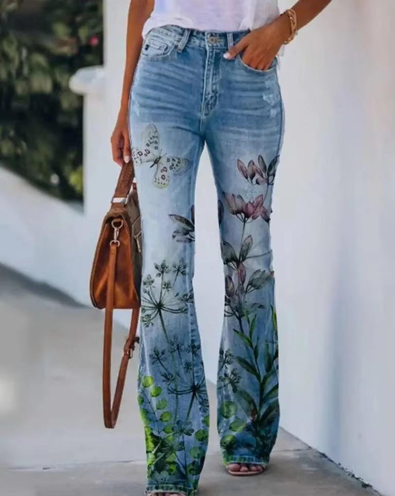 Women's High-Waist Floral-Embellished Linen-Look Flare Jeans - Blue 7