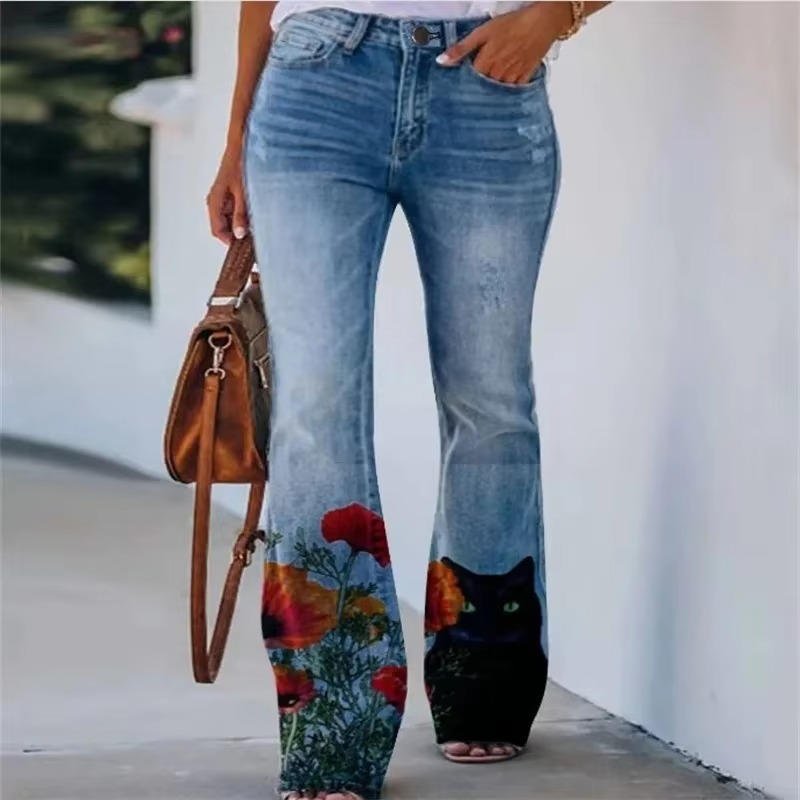 Women's High-Waist Floral-Embellished Linen-Look Flare Jeans - Blue 9