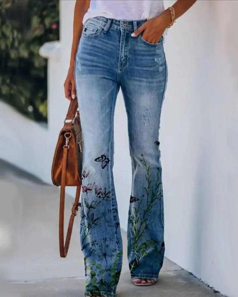 Women's High-Waist Floral-Embellished Linen-Look Flare Jeans - Blue 1