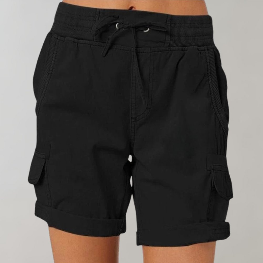Women's High-Waist Linen Cargo Shorts - Zwart