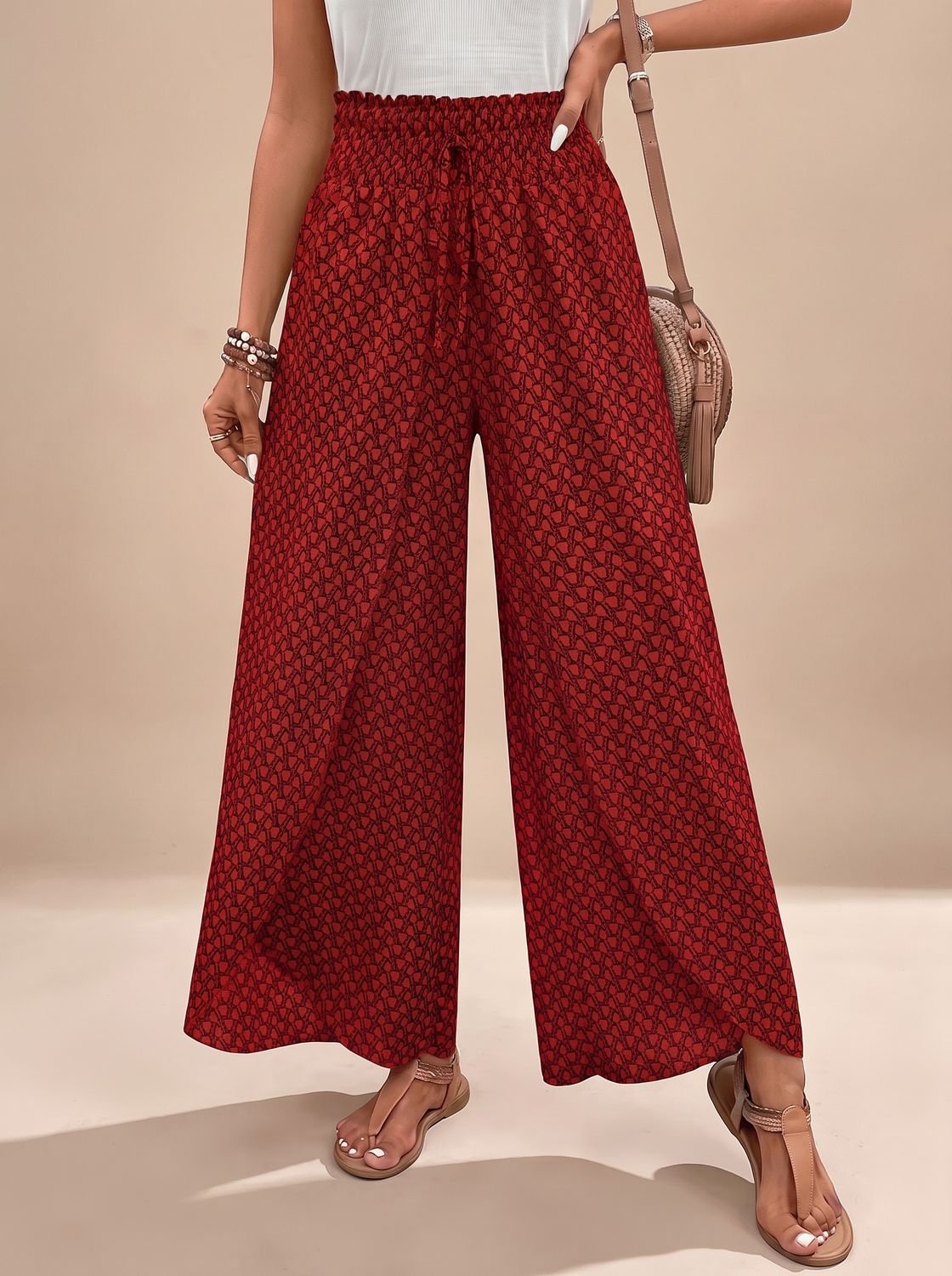 Women's High-Waist Patterned Wide-Leg Palazzo Pants - Red
