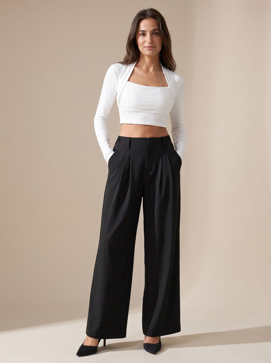 Women's High-Waist Pleated Wide-Leg Dress Trousers - Black
