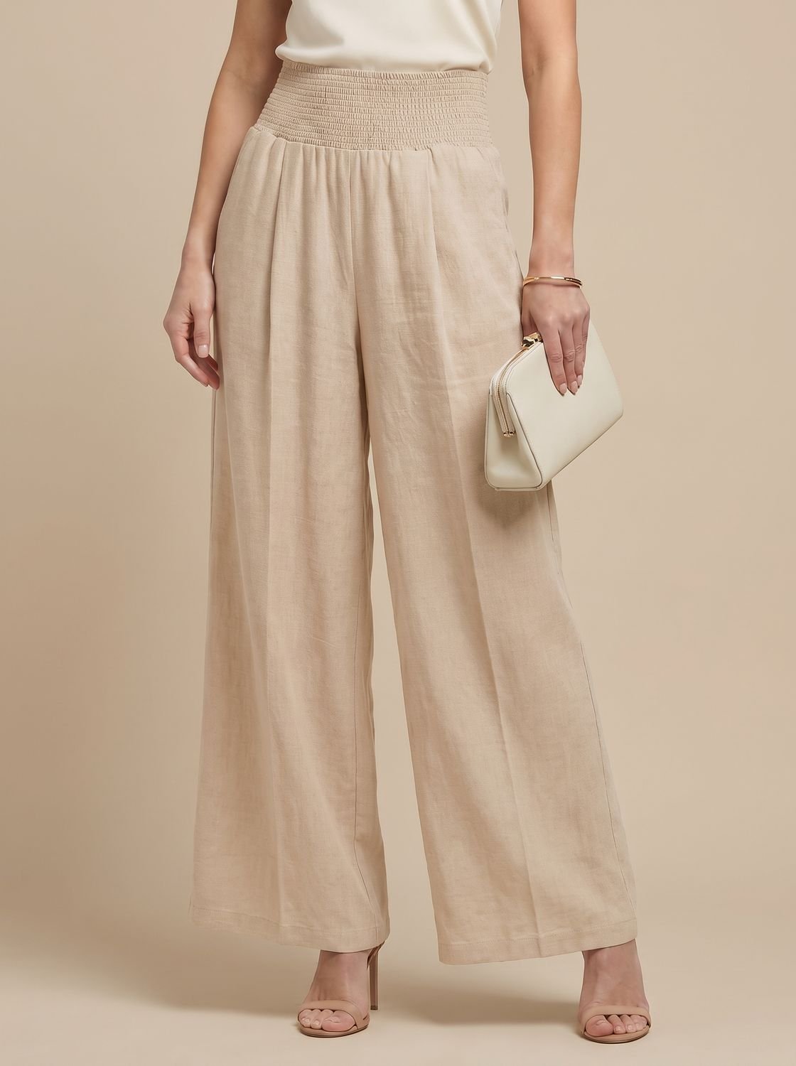 Women's High-Waist Pleated Wide-Leg Linen Trousers - Khaki