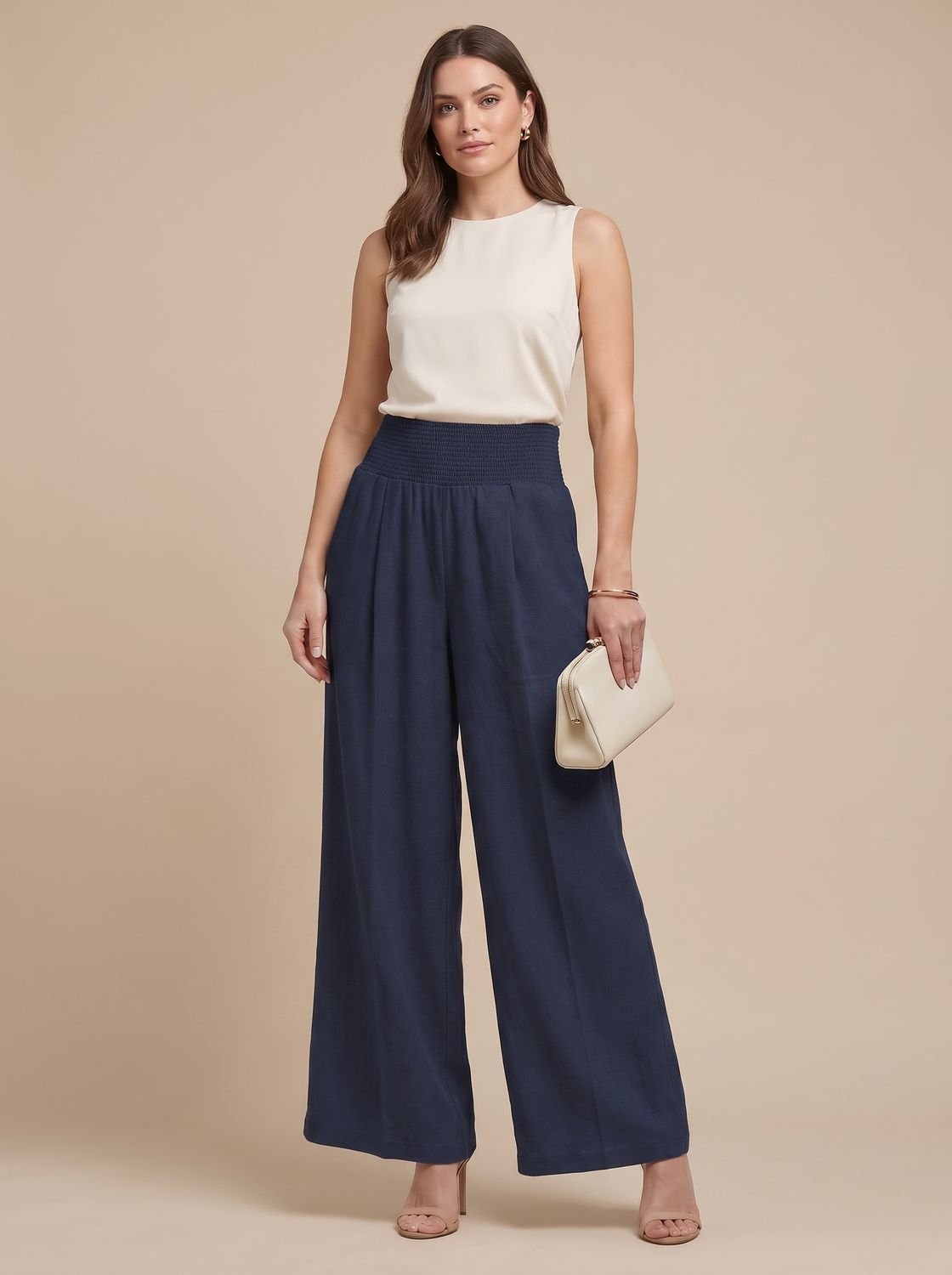 Women's High-Waist Pleated Wide-Leg Linen Trousers - Dark Blue